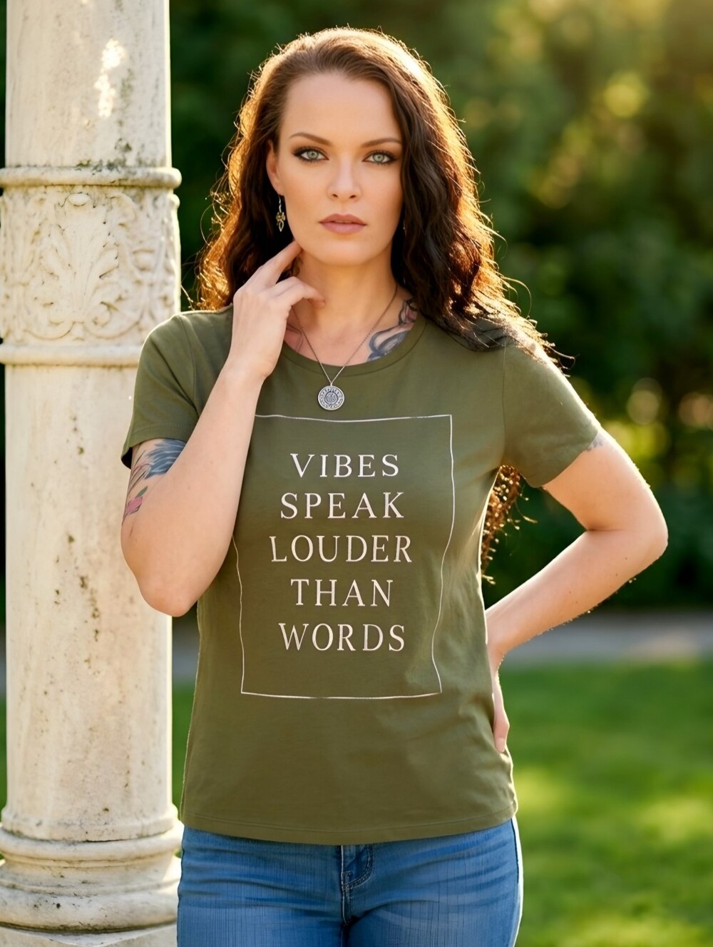 American Eagle ✦ Olive Green Tee ✦ Vibes Speak Louder Short Sleeve Casual S